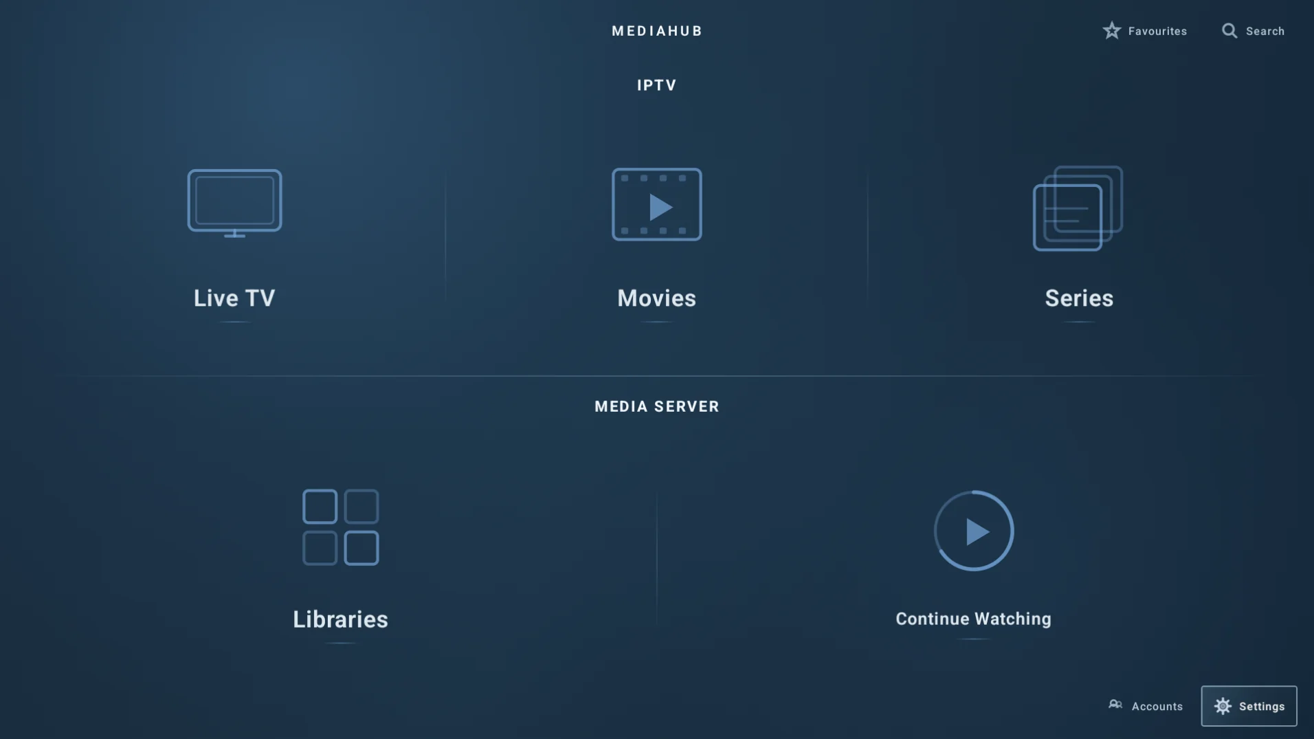 MediaHub home screen showing IPTV and Media Server sections