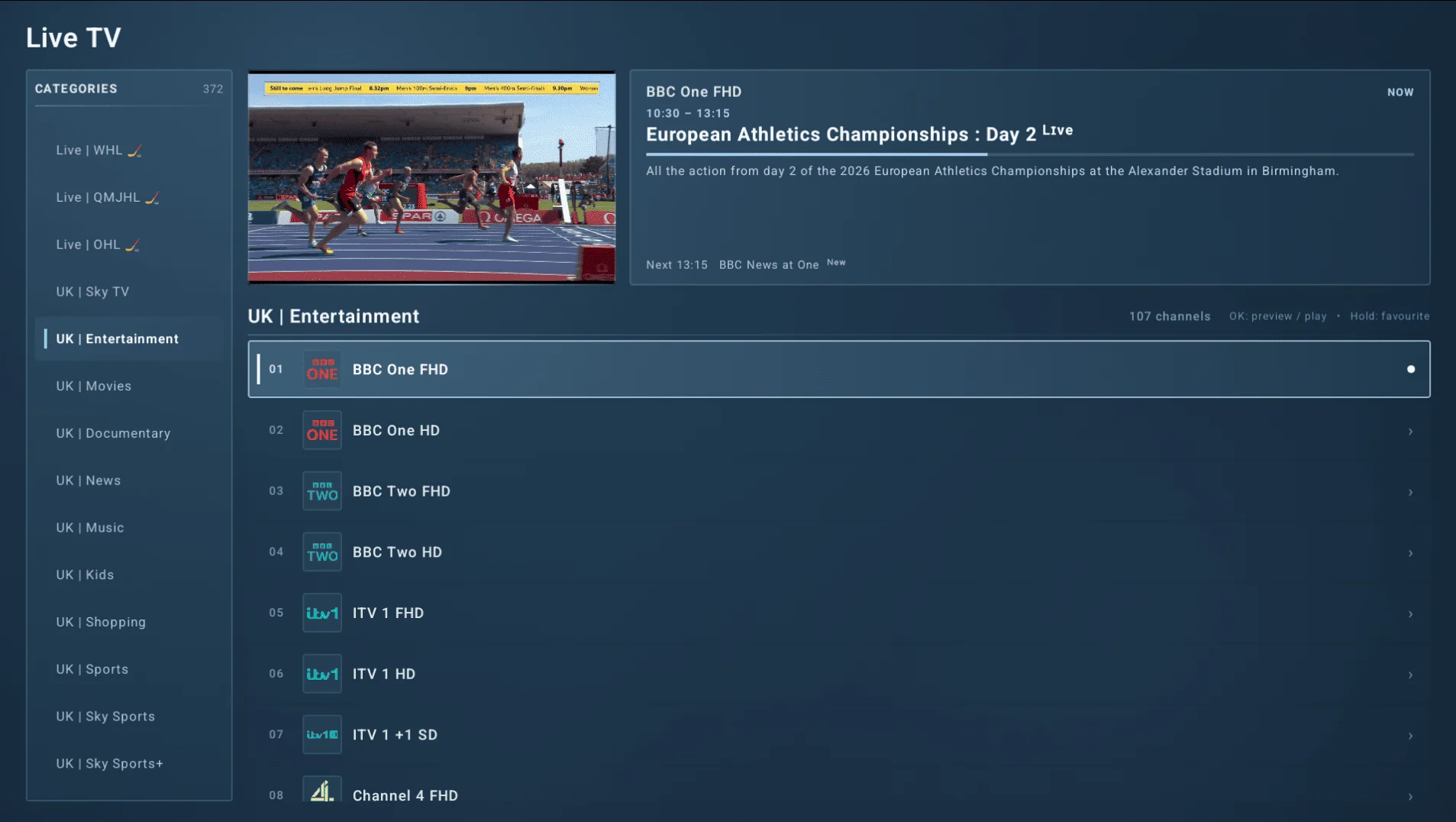MediaHub Live TV screen with categories, channel preview and EPG